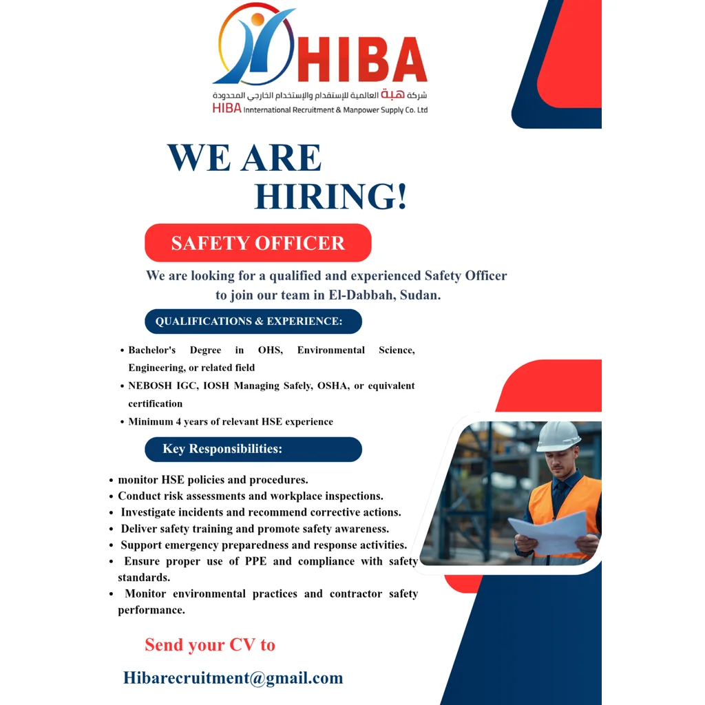 Safety Officer – HIBA International Recruitment, El-Dabbah, Sudan